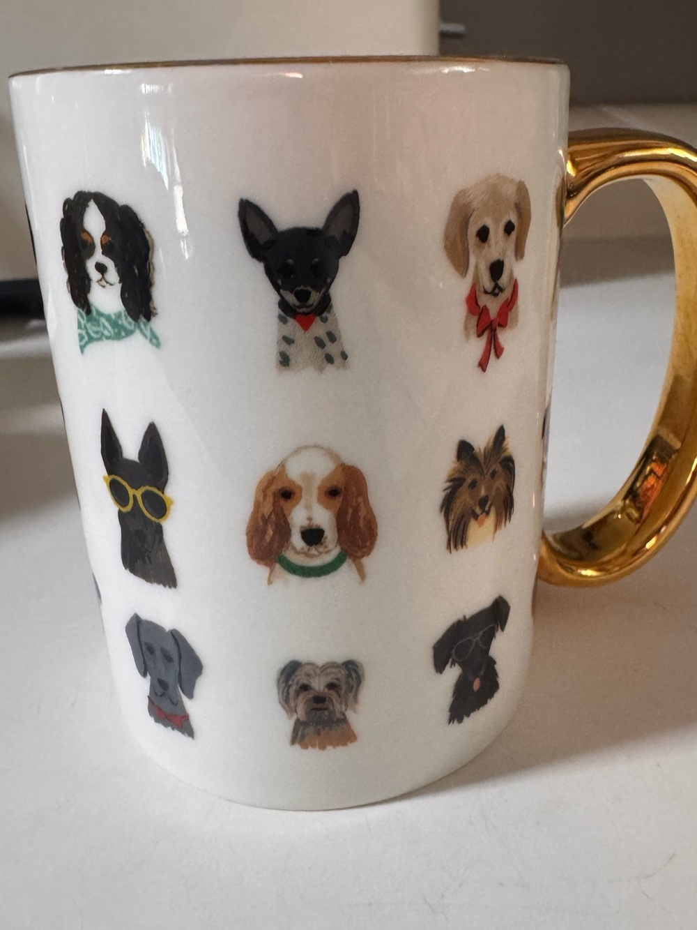Rifle Paper Co. White Ceramic Mug with Gold Handle and Dog Portraits